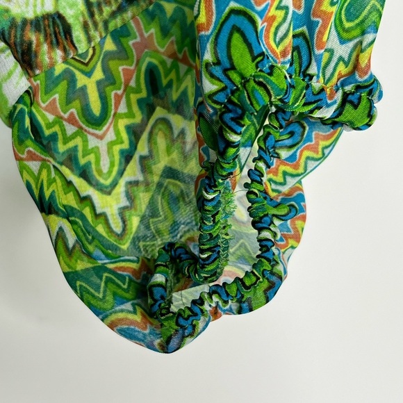 Fig and Flower Top Women Sz M Green Peacock Color 3/4 Sleeve Chiffon Blouse - Picture 3 of 7